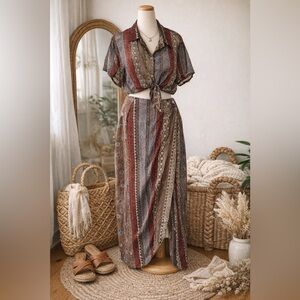 Vintage 90s Boho Rayon Skirt Set Tie Front Top Wrap Skirt Size L